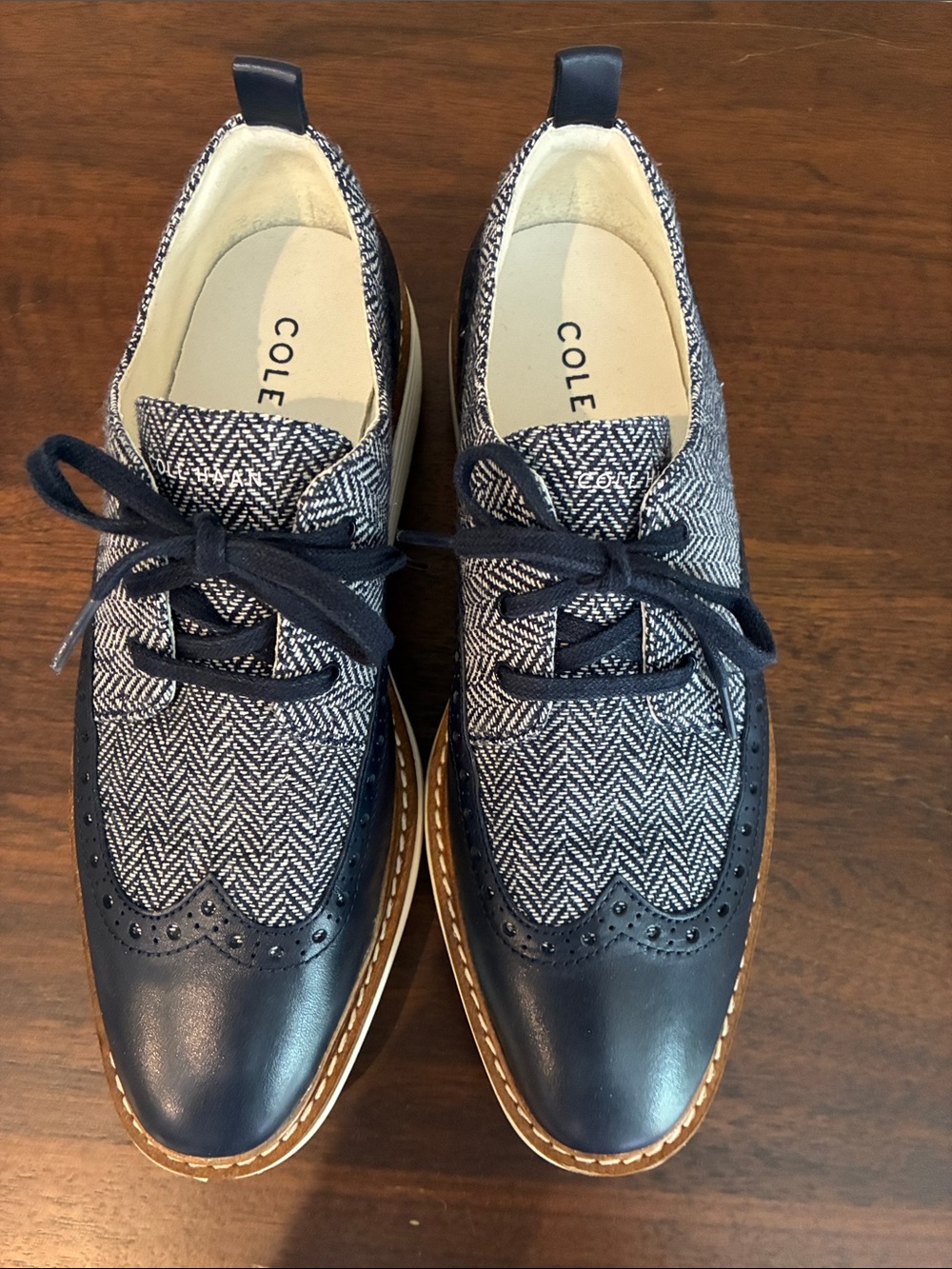Cole Haan Navy Herringbone Wingtip Oxfords - Picture 2 of 7